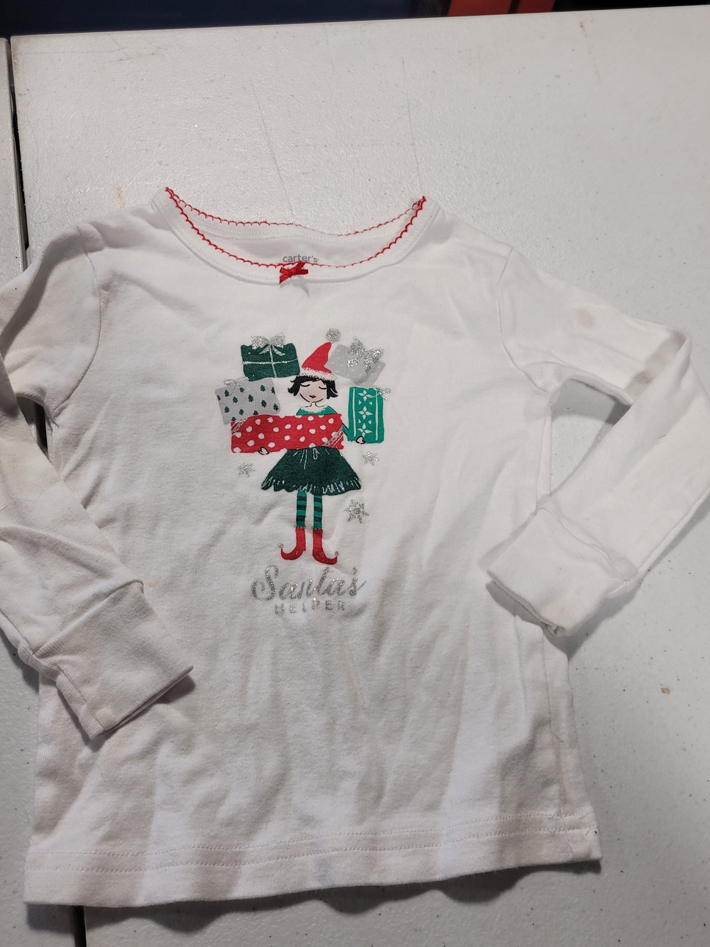 Carter's White Girls' Holiday Elf Long-Sleeve Tee with Green and Red Accents